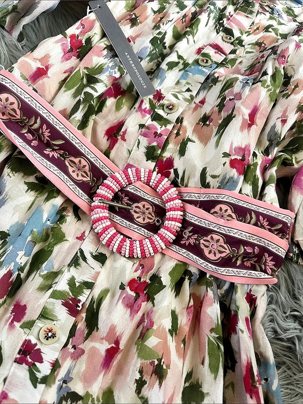 🌺🌺NEW FARM Rio for Anthropologie Beaded-Belt Mini Shirtdress Pink & Green Small - Picture 5 of 8